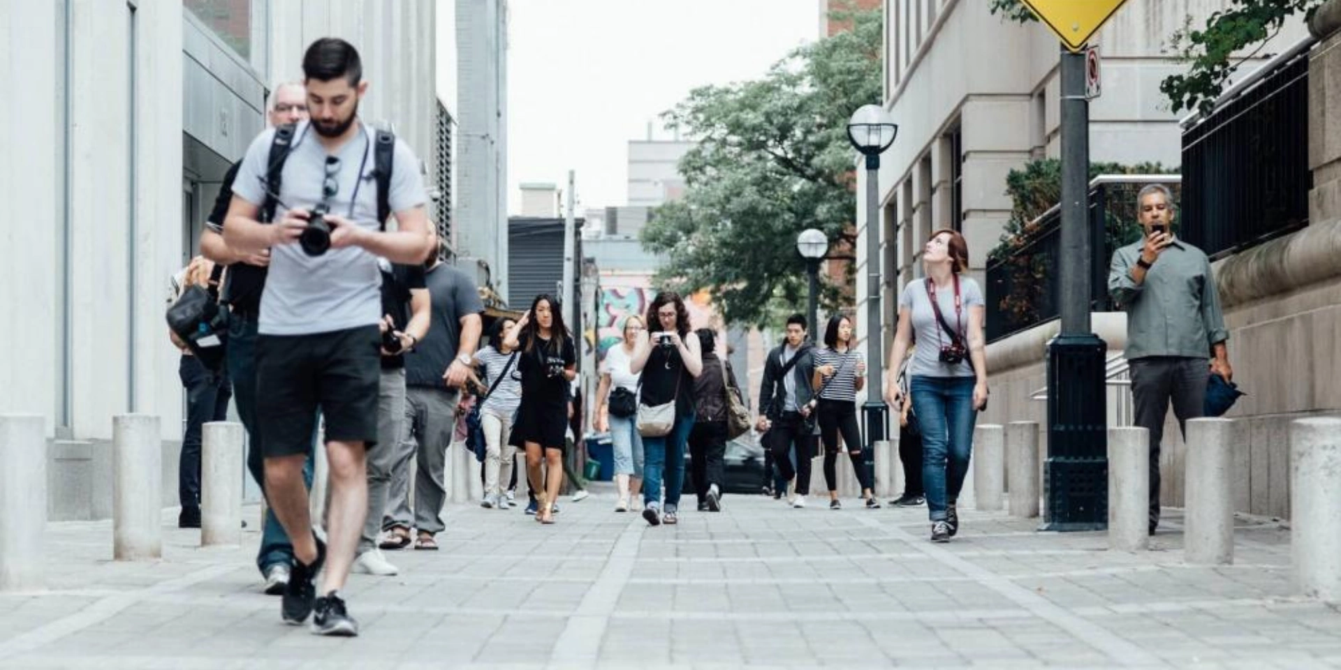 A group of people walking in a german walking street