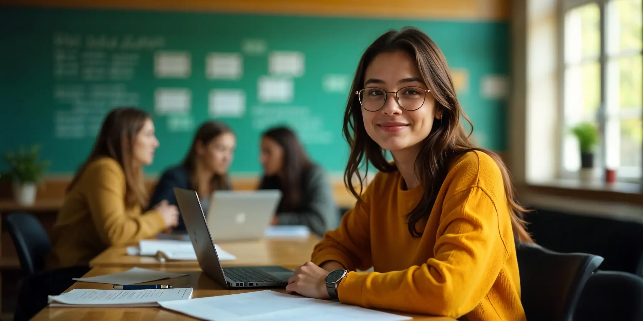 An international student, sitting in a classroom with her classmates.