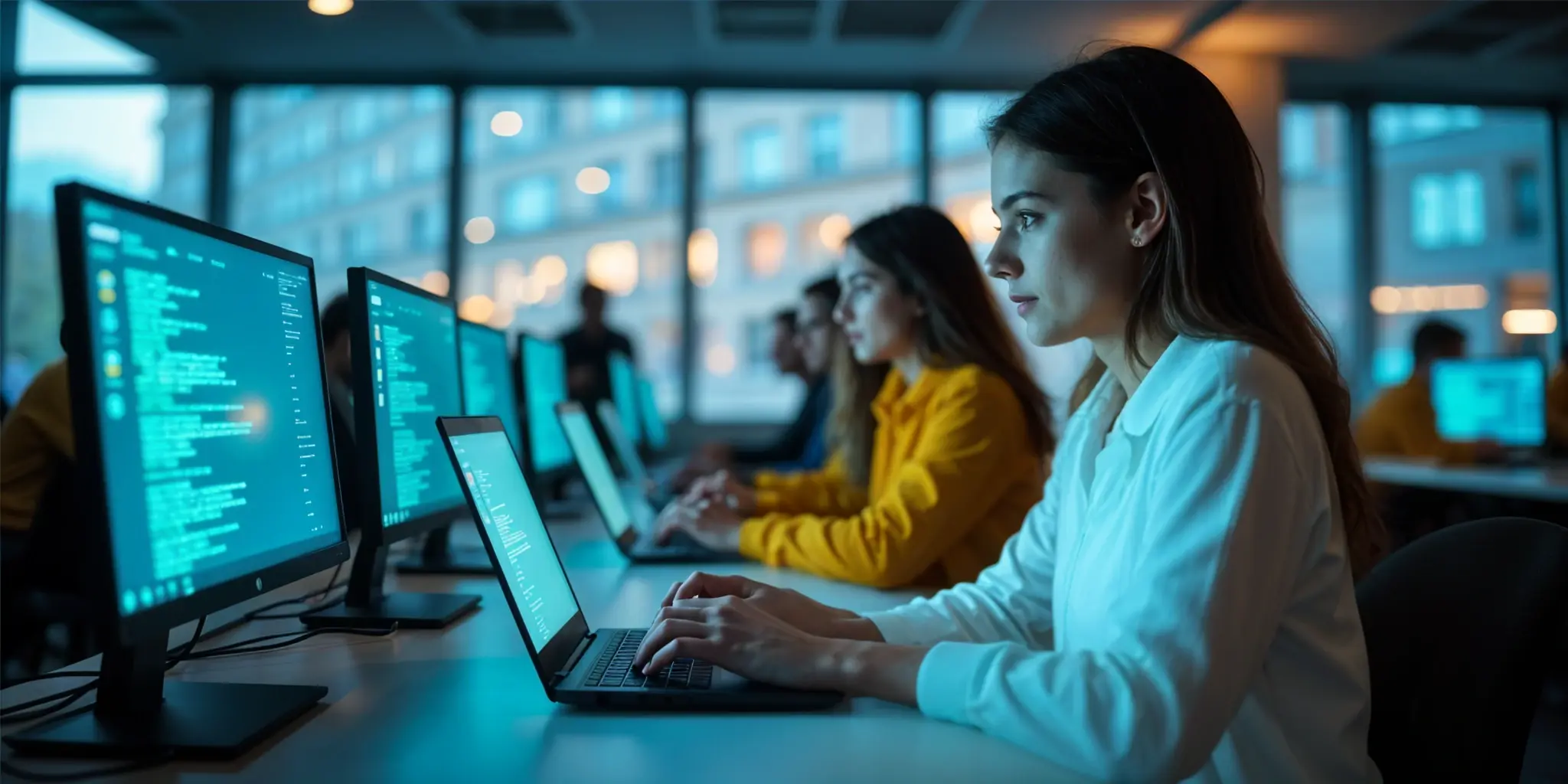 Two students sitting in a computer lab studying computer science on their laptop and desktop screens.