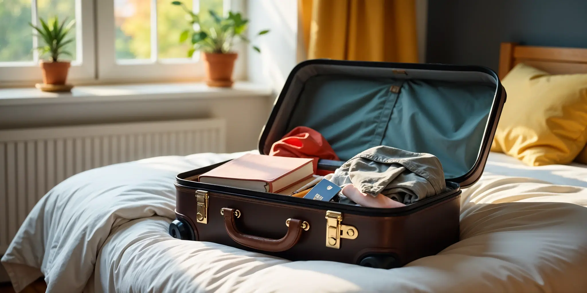 A suitcase open on a bed, neatly packed with clothes and books visible inside.