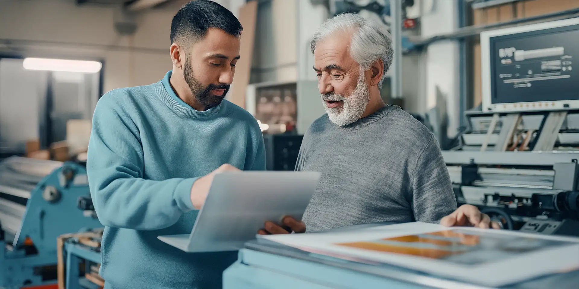 Two male engineers in Germany talk to each other