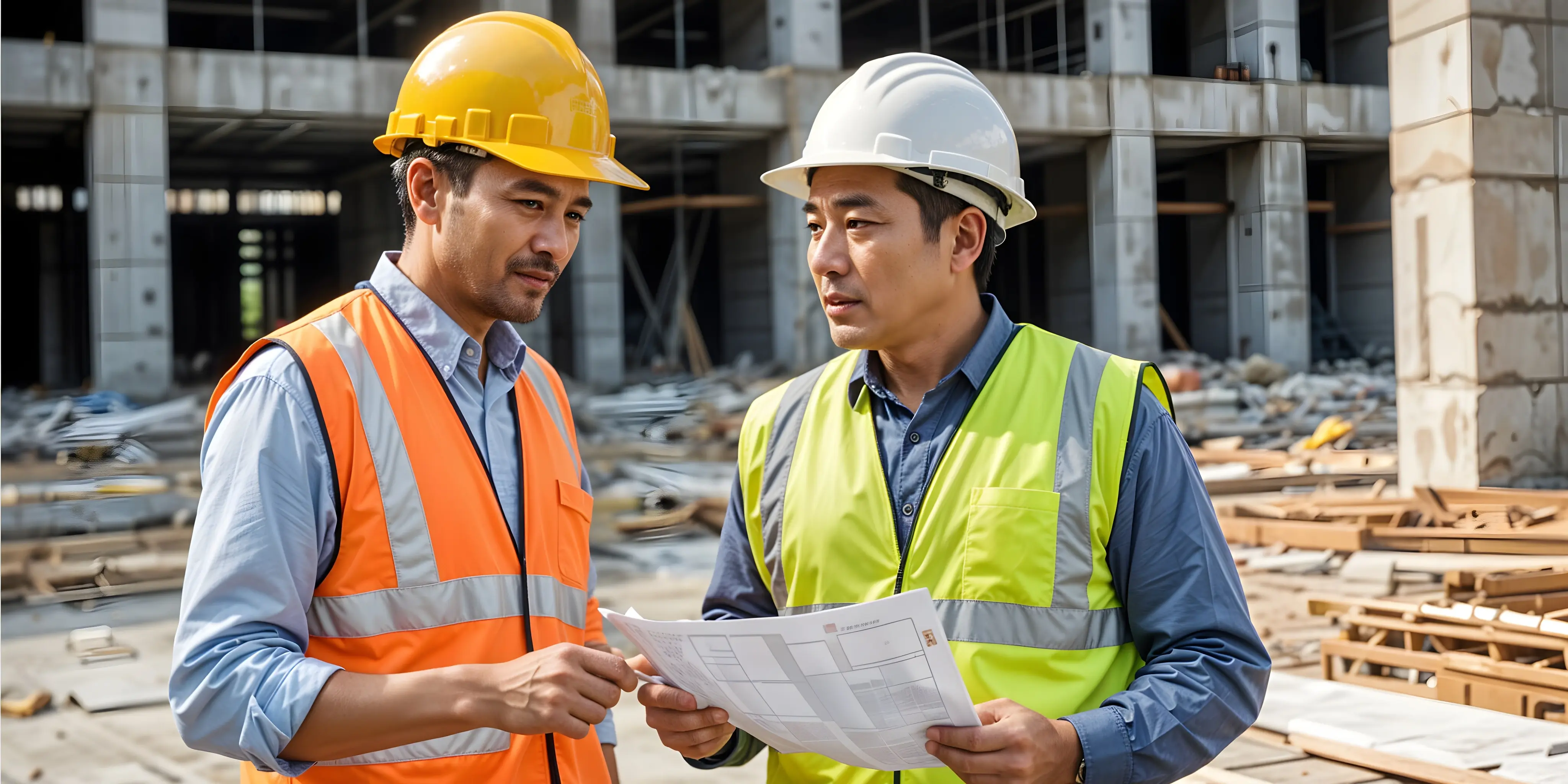 two skilled workers working at a construction site in Germany